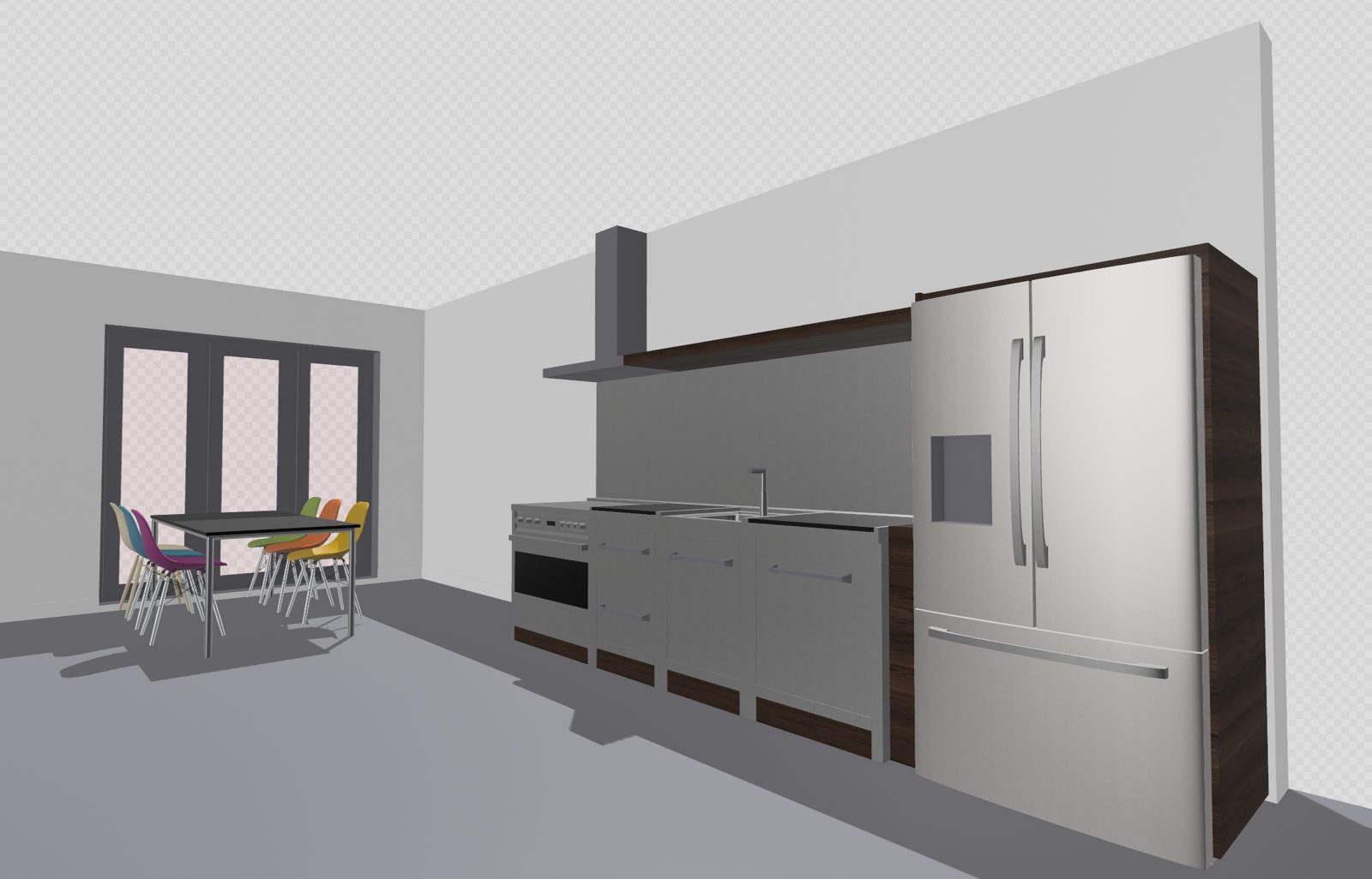 3D-ontwerp van de keuken in Shapr3D: RVS-modules, houten ombouw en Amerikaanse koelkast